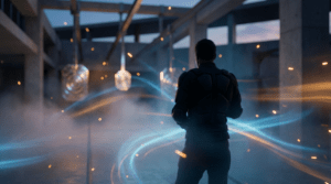 Atmospheric futuristic training-range scene with a silhouetted figure, haze, and blue-orange light trails