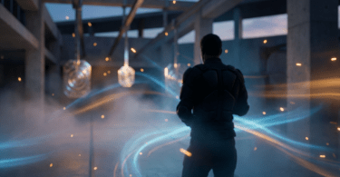 Atmospheric futuristic training-range scene with a silhouetted figure, haze, and blue-orange light trails