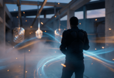 Atmospheric futuristic training-range scene with a silhouetted figure, haze, and blue-orange light trails