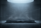 Abstract blue-lit room with a glowing circular light above a reflective platform