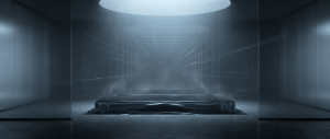 Abstract blue-lit room with a glowing circular light above a reflective platform
