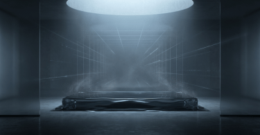 Abstract blue-lit room with a glowing circular light above a reflective platform