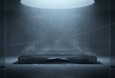 Abstract blue-lit room with a glowing circular light above a reflective platform